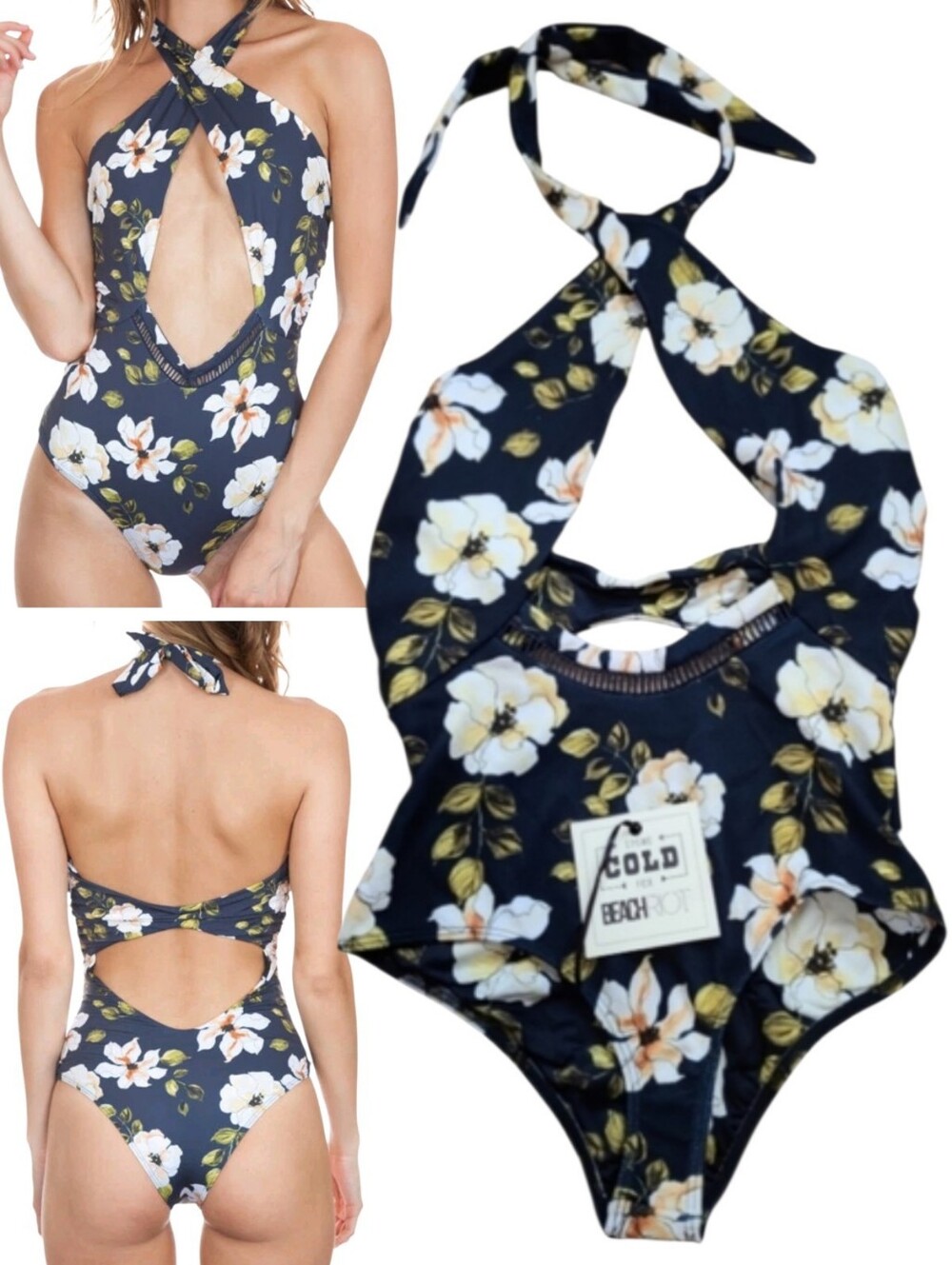 Beach Riot X Stone Cold Fox Womens Paige Halter Cutout Floral Swimsuit Navy M